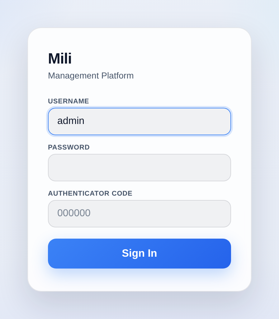 Console sign-in: username, password and authenticator code.