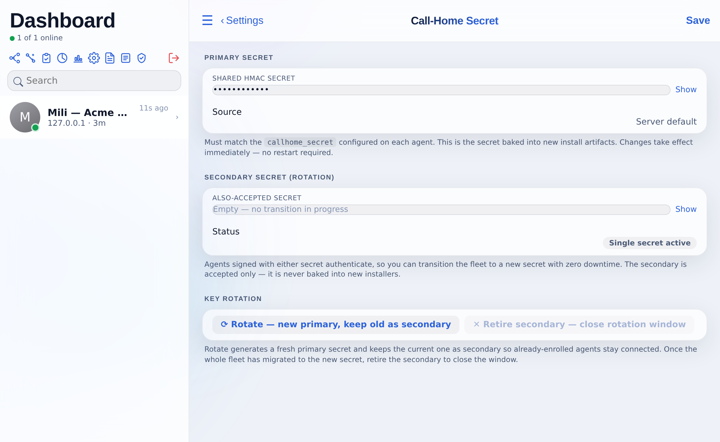 Settings, Call-Home Secret : le secret de la flotte, le secret secondaire et la rotation de clé.